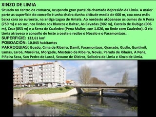 XINZO DE LIMIA
Situado no centro da comarca, ocupando gran parte da chamada depresión da Limia. A maior
parte as superficie do concello é unha chaira dunha altitude media de 600 m, coa zona máis
baixa cara ao suroeste, na antiga Lagoa de Antela. Ao nordeste atópanase os cumes de A Pena
(759 m) e ao sur, nos lindes cos Blancos e Baltar, As Cavadas (902 m), Castelo de Oubigo (006
m), Cruz (853 m) e a Serra de Cualedro (Pena Muller, con 1.026, no linde com Cualedro). O río
Limia atravesa o concello de leste a oeste e recibe o Nocelo e o Faramontaos.
SUPERFICIE: 132,61 km2
POBOACIÓN: 10.043 habitantes
PARROQUIAS: Boado, Cima de Ribeira, Damil, Faramontaos, Granade, Gudín, Guntimil,
Lamas, Laroá, Moreiras, Morgade, Mosteiro de Ribeira, Novás, Parada de Ribeira, A Pena,
Piñeira Seca, San Pedro de Laroá, Seoane de Oleiros, Solbeira de Limia e Xinzo de Limia.
 