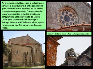 As principais actividades son a industria, os
servizos e a agricultura. É unha zona cunha
gran riqueza natural asociada ao río Arnoia
e aos penedos graníticos. Conserva tamén
importantes restos histórico-artísticos e
etnográficos. Está atravesada de Leste o
Oeste pola 39 vía romana de Braga a
Astorga -itinerario XVII de Antonino- e pola
rota xacobea que forma parte da Rota da
Prata.
Mosteiro de Santa María a Real en Xunqueira de Ambía
 