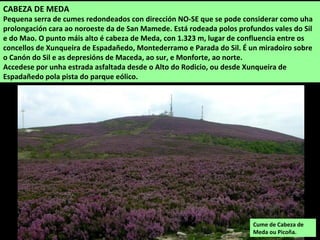 CABEZA DE MEDA
Pequena serra de cumes redondeados con dirección NO-SE que se pode considerar como uha
prolongación cara ao noroeste da de San Mamede. Está rodeada polos profundos vales do Sil
e do Mao. O punto máis alto é cabeza de Meda, con 1.323 m, lugar de confluencia entre os
concellos de Xunqueira de Espadañedo, Montederramo e Parada do Sil. É un miradoiro sobre
o Canón do Sil e as depresións de Maceda, ao sur, e Monforte, ao norte.
Accedese por unha estrada asfaltada desde o Alto do Rodicio, ou desde Xunqueira de
Espadañedo pola pista do parque eólico.
Cume de Cabeza de
Meda ou Picoña.
 