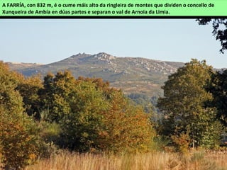 A FARRÍA, con 832 m, é o cume máis alto da ringleira de montes que dividen o concello de
Xunqueira de Ambía en dúas partes e separan o val de Arnoia da Limia.
 