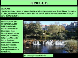 CONCELLOS
ALLARIZ
Situado ao sur da comarca, nun territorio de releve irregular entre a depresión de Ourense e
A Limia, atravesado de leste ao oeste polo río Arnoia. Ten as maiores elevacións ao sur, na
serra de Monte Calvo.
SUPERFICIE: 86 km2
POBOACIÓN: 6.049
habitantes (2014)
PARROQUIAS: Allariz
(Santiago e Santo
Estevo), Augas Santas,
Coedo, Os Espiñeiros,
Folgoso, A Mezquita,
Neire, Queiroás,
Requeixo de Valverde,
Pazó, San Trocado,
Seoane, Torneiros e
Urrós (San Mamede e
Santa Baia).
Río Arnoia e parque de Portovello.
 