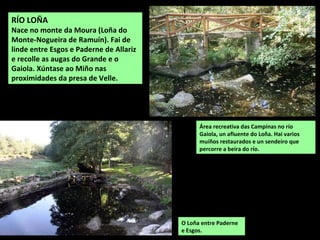 Área recreativa das Campinas no río
Gaiola, un afluente do Loña. Hai varios
muíños restaurados e un sendeiro que
percorre a beira do río.
RÍO LOÑA
Nace no monte da Moura (Loña do
Monte-Nogueira de Ramuín). Fai de
linde entre Esgos e Paderne de Allariz
e recolle as augas do Grande e o
Gaiola. Xúntase ao Miño nas
proximidades da presa de Velle.
O Loña entre Paderne
e Esgos.
 