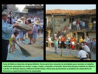 Festa da Malla en Queiroás da Igrexa (Allariz). Forma parte dun conxunto de actividades para recordar os traballos
tradicionais relacionads cos cereais: a sega, a malla, a moenda e a fornada. Outra festa de gran tradición en Allariz é
a do Boi. En distintas épocas celébranse tamén festas e feiras para promocionar os produtos do campo (feira de
Outono) ou a gastronomía (festa da empanada).
 