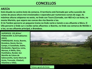 SUPERFICIE: 155,30 km2
POBOACIÓN: 6.219 habitantes
(2015)
PARROQUIAS: Arzúa, Boente,
Brandeso, Banzá, Burres,
Campo, A Castañeda, Dodro,
Dombodán, Figueiroa, Lema,
Maroxo, A Mella, Oíns,
Pantiñobre, Rendal, San
Martiño de Calvos de
Sobrecamiño, Santa María de
Arzúa, Tronceda, Viladavil,
Vilantime e Viñós.
Paisaxe agraria de Arzúa
ARZÚA
Está situado no centro-leste da comarca. O territorio está formado por unha sucesión de
cumes de pouca altura moi erosionados e separados por numerosos cursos de auga. As
máximas alturas atópanse no oeste, no linde con Touro (Cornado, con 483 m) e ao leste, no
monte Martelo, que separa oas cuncas dos ríos Boente e Iso.
O río Tambre percorre un pequeno tramo no linde norte e tamén o seu afluente o Mera. O
Ulla percorre o linde sur e recibe varios afluentes: o Boente, no linde coa comarca de Melide e
o Iso, co seu afluente principal, o Brandeso.
CONCELLOS
 