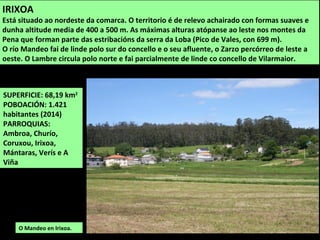 CONCELLOS
SUPERFICIE: 120,11 km2
POBOACIÓN: 2.033
habitantes (2014)
PARROQUIAS: Aranga,
Cambás, Feás, Muniferral,
San Vicente de Fervenzas e
Vilarraso.
ARANGA
Situado ao leste da comarca na vertente oeste das serras da Dorsal. O territorio é montañoso
e está atravesado e sur a noroeste polo río Mandeo que recibe como principal afluente ao
Cambás. Está rodeado de serras, en especial polo norte (serra da Loba) e leste (Cordal de
Montouto). A máxima altura do concello é o Buño, con 738 m.
Vista sobre Aranga e Curtis desde o
Serrón Gordo, na estrada de Ponte
Aranga a Cambás.
 