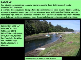 Coiros é un concello eminentemente rural sen importantes núcleos de poboación. As
principais actividades son a agrogandaría (granxas avícolas, cultivos de horta, gando vacún),
os servizos e o sector forestal.
Os espazos naturais máis interesantes atópanse nos ríos, protexidos no LIC “Betanzos-
Mandeo”.
Acolle un importante patrimonio histórico artístico, no que destacan as igrexas da Espenuca,
Santa María e Santiago de Ois.
Aula da natureza en Chelo, centro de
interpretación da auga e do río.
Campanario no cume da Espenuca
 