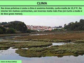 CLIMA
Nas áreas próximas á costa o clima é oceánico-húmido, cunha media de 13,3 ºC. No
interior tén matices continentais, con invernos moito máis frios (en Curtis a media é
de dous graos menos).
Esteiro do Baxoi (Miño)
 