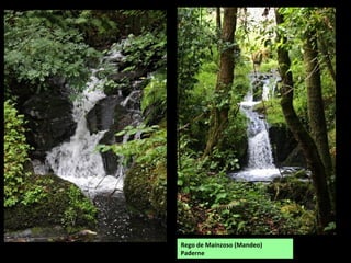 FERVENZAS DA CASTELLANA
Na parroquia de Vilarraso (Aranga). O río Mandeo á altura da Castellana encáixase nun canón en rochas graníticas
facendo unha combinación de rápidos, fervenzas e grandes pozas. A de máis altura é a do pozo da Xesta, de entre 6 e 8
m. O caudal do río está moi diminuído polo encoro que se atopa un pouco máis arriba.
Fervenza do Pozo da Xesta.
Rápidos e pozo da Maraguda.
 