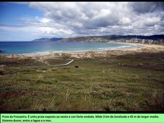 Praia da Frouxeira. É unha praia exposta ao vento e con forte ondada. Mide 3 km de lonxitude e 45 m de largor medio.
Sistema dunar, entre a lagoa e o mar.
 