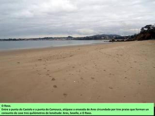 O Raso.
Entre a punta do Castelo e a punta do Camouco, atópase a enseada de Ares circundada por tres praias que forman un
conxunto de case tres quilómetros de lonxitude: Ares, Seselle, e O Raso.
 