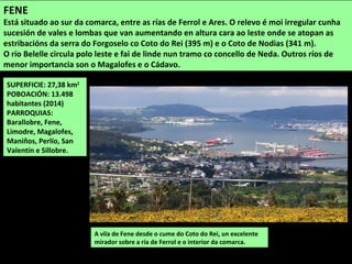 SUPERFICIE: 27,38 km2
POBOACIÓN: 13.498
habitantes (2014)
PARROQUIAS:
Barallobre, Fene,
Limodre, Magalofes,
Maniños, Perlío, San
Valentín e Sillobre.
A vila de Fene desde o cume do Coto do Rei, un excelente
mirador sobre a ría de Ferrol e o interior da comarca.
FENE
Está situado ao sur da comarca, entre as rías de Ferrol e Ares. O relevo é moi irregular cunha
sucesión de vales e lombas que van aumentando en altura cara ao leste onde se atopan as
estribacións da serra do Forgoselo co Coto do Rei (395 m) e o Coto de Nodias (341 m).
O río Belelle circula polo leste e fai de linde nun tramo co concello de Neda. Outros ríos de
menor importancia son o Magalofes e o Cádavo.
 