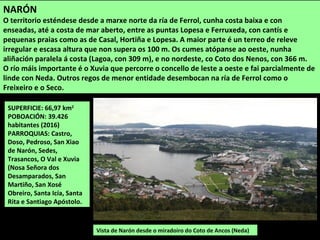 SUPERFICIE: 66,97 km2
POBOACIÓN: 39.426
habitantes (2016)
PARROQUIAS: Castro,
Doso, Pedroso, San Xiao
de Narón, Sedes,
Trasancos, O Val e Xuvia
(Nosa Señora dos
Desamparados, San
Martiño, San Xosé
Obreiro, Santa Icía, Santa
Rita e Santiago Apóstolo.
Vista de Narón desde o miradoiro do Coto de Ancos (Neda)
NARÓN
O territorio esténdese desde a marxe norte da ría de Ferrol, cunha costa baixa e con
enseadas, até a costa de mar aberto, entre as puntas Lopesa e Ferruxeda, con cantís e
pequenas praias como as de Casal, Hortiña e Lopesa. A maior parte é un terreo de releve
irregular e escasa altura que non supera os 100 m. Os cumes atópanse ao oeste, nunha
aliñación paralela á costa (Lagoa, con 309 m), e no nordeste, co Coto dos Nenos, con 366 m.
O río máis importante é o Xuvia que percorre o concello de leste a oeste e fai parcialmente de
linde con Neda. Outros regos de menor entidade desembocan na ría de Ferrol como o
Freixeiro e o Seco.
 
