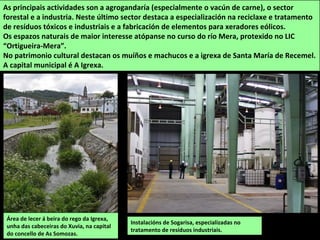 Instalacións de Sogarisa, especializadas no
tratamento de resíduos industriais.
As principais actividades son a agrogandaría (especialmente o vacún de carne), o sector
forestal e a industria. Neste último sector destaca a especialización na reciclaxe e tratamento
de resíduos tóxicos e industriais e a fabricación de elementos para xeradores eólicos.
Os espazos naturais de maior interesse atópanse no curso do río Mera, protexido no LIC
“Ortigueira-Mera”.
No patrimonio cultural destacan os muíños e machucos e a igrexa de Santa María de Recemel.
A capital municipal é A Igrexa.
Área de lecer á beira do rego da Igrexa,
unha das cabeceiras do Xuvia, na capital
do concello de As Somozas.
 