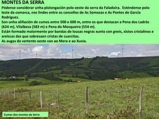 Cumes dos montes da Serra
MONTES DA SERRA
Pódense considerar unha plolongación polo oeste da serra da Faladoira. Esténdense polo
leste da comarca, nos lindes entre os concellos de As Somozas e As Pontes de García
Rodríguez.
Son unha aliñación de cumes entre 500 e 600 m, entre os que destacan a Pena dos Ladrós
(624 m), Vilalbesa (583 m) e Pena do Mosqueiro (554 m).
Están formado maiormente por bandas de lousas negras xunto con gneis, xistos cristalinos e
areíscas das que sobresaen cristas de cuarcitas.
As augas da vertente oeste van ao Mera e ao Xuvia.
 