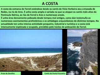 A COSTA
Praia de Doniños
A costa da comarca de Ferrol esténdese desde os cantís de Vixía Herbeira ata a enseada de
Redes, na ría de Ares. É unha costa ampla e variada na que se atopan os cantís máis altos da
Península Ibérica, as rías de Ferrol e Ares e numerosos areais.
É unha área densamente poboada desde tempos moi antigos, como dan testemuña os
numerosos asentamentos prehistóricos e os achádegos arqueolóxicos de distintos tempos. Na
actualidade ten unha intensa actividade pesqueira, industrial e turística e a costa está
intensamente explotada e ocupada, presidida polo núcleo de poboación de Ferrol.
Cantís de Punta Frouxeira
 