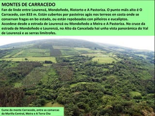 Cume do monte Carracedo, entre as comarcas
da Mariña Central, Meira e A Terra Cha
MONTES DE CARRACEDO
Fan de linde entre Lourenzá, Mondoñedo, Riotorto e A Pastoriza. O punto máis alto é O
Carracedo, con 833 m. Están cubertos por pasteiros agás nos terreos en costa onde se
conservan fragas en bo estado, ou están repoboados con piñeiros e eucaliptos.
Accedese desde a estrada de Lourenzá ou Mondoñedo a Meira e A Pastoriza. No cruce da
estrada de Mondoñedo e Lourenzá, no Alto da Cancelada hai unha vista panorámica do Val
de Lourenzá e as serras limítrofes.
 