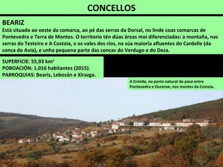 CONCELLOS
SUPERFICIE: 55,93 km2
POBOACIÓN: 1.016 habitantes (2015).
PARROQUIAS: Beariz, Lebozán e Xirazga.
BEARIZ
Está situado ao oeste da comarca, ao pé das serras da Dorsal, no linde coas comarcas de
Pontevedra e Terra de Montes. O territorio tén dúas áreas moi diferenciadas: a montaña, nas
serras do Testeiro e A Costoia, e os vales dos ríos, na súa maioría afluentes do Cardelle (da
conca do Avia), e unha pequena parte das concas do Verdugo e do Deza.
A Ermida, no porto natural de paso entre
Pontevedra e Ourense, nos montes da Costoia.
 