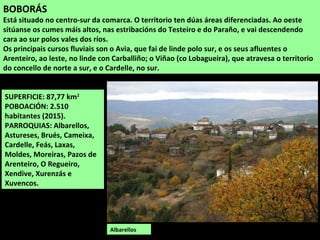 SUPERFICIE: 87,77 km2
POBOACIÓN: 2.510
habitantes (2015).
PARROQUIAS: Albarellos,
Astureses, Brués, Cameixa,
Cardelle, Feás, Laxas,
Moldes, Moreiras, Pazos de
Arenteiro, O Regueiro,
Xendive, Xurenzás e
Xuvencos.
BOBORÁS
Está situado no centro-sur da comarca. O territorio ten dúas áreas diferenciadas. Ao oeste
sitúanse os cumes máis altos, nas estribacións do Testeiro e do Paraño, e vai descendendo
cara ao sur polos vales dos ríos.
Os principais cursos fluviais son o Avia, que fai de linde polo sur, e os seus afluentes o
Arenteiro, ao leste, no linde con Carballiño; o Viñao (co Lobagueira), que atravesa o territorio
do concello de norte a sur, e o Cardelle, no sur.
Albarellos
 