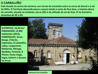 SUPERFICIE: 54,36 km2
POBOACIÓN: 13.999
habitantes (2015).
PARROQUIAS: Arcos,
Banga, O Barón,
Cabanelas, O Carballiño,
Lobas, Longoseiros,
Madarnás, Mesego,
Mudelos, Partovía, A
Piteira, Ponte Veiga,
Sagra, Señorín e Seoane
de Arcos.
Balneario do Carballiño
O CARBALLIÑO
Está situado no centro da comarca, nun terreo de transición entre as serras da Dorsal e o val
do Miño. O Territorio descende pouco a pouco desde o cume do Pico Seco, a máxima altura
do concello, situado no nordeste, ata os 200 m de altitude do val do Avia. O río Arenteiro
atravésao de NE a SO.
 