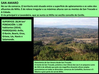 SUPERFICIE: 28,94 km2
POBOACIÓN: 1.180
habitantes (2014).
PARROQUIAS: Anllo,
O Barón, Beariz, Eiras,
Grixoa, Lás, Navío e
Salamonde.
SAN AMARO
No sur da comarca. O territorio está situado entre a superficie de aplanamento e os vales dos
afluentes do Miño. É de releve irregular e as máximas alturas son os montes de San Trocado e
A Cidade.
O río principal é o Lavandeira, que se xunta co Miño no veciño concello de Cenlle.
Panorámica de San Amaro desde San Trocado.
O monte de San Trocado, próximo a San Cibrao das Las é un pequeno cume
de 550 m de altitude que pola súa magnífica situación ofrece amplas
panorámicas en todas as direccións: comarcas de Carballiño, Ourense e O
Ribeiro e gran parte do val do Miño.
 