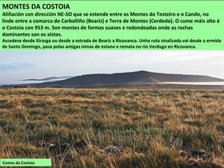 Cumes da Costoia
MONTES DA COSTOIA
Aliñación con dirección NE-SO que se estende entre os Montes do Testeiro e o Cando, no
linde entre a comarca do Carballiño (Beariz) e Terra de Montes (Cerdedo). O cume máis alto é
o Costoia con 953 m. Son montes de formas suaves e redondeadas onde as rochas
dominantes son os xistos.
Accedese desde Xirazga ou desde a estrada de Beariz a Ricovanca. Unha ruta sinalizada vai desde a ermida
de Santo Domingo, pasa polas antigas minas de estano e remata no río Verdugo en Ricovanca.
 