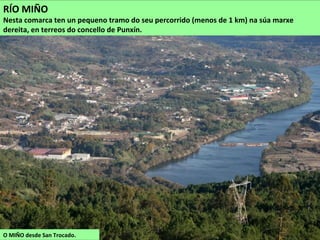 O MIÑO desde San Trocado.
RÍO MIÑO
Nesta comarca ten un pequeno tramo do seu percorrido (menos de 1 km) na súa marxe
dereita, en terreos do concello de Punxín.
 