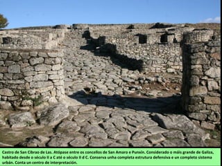 Castro de San Cibrao de Las. Atópase entre os concellos de San Amaro e Punxín. Considerado o máis grande de Galiza,
habitado desde o século II a C até o século II d C. Conserva unha completa estrutura defensiva e un completo sistema
urbán. Conta un centro de interpretación.
 