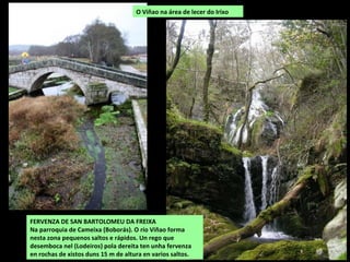 O Viñao na área de lecer do Irixo
FERVENZA DE SAN BARTOLOMEU DA FREIXA
Na parroquia de Cameixa (Boborás). O río Viñao forma
nesta zona pequenos saltos e rápidos. Un rego que
desemboca nel (Lodeiros) pola dereita ten unha fervenza
en rochas de xistos duns 15 m de altura en varios saltos.
 