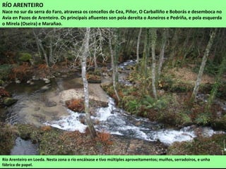 Río Arenteiro en Loeda. Nesta zona o río encáixase e tivo múltiples aproveitamentos; muíños, serradoiros, e unha
fábrica de papel.
RÍO ARENTEIRO
Nace no sur da serra do Faro, atravesa os concellos de Cea, Piñor, O Carballiño e Boborás e desemboca no
Avia en Pazos de Arenteiro. Os principais afluentes son pola dereita o Asneiros e Pedriña, e pola esquerda
o Mirela (Oseira) e Marañao.
 