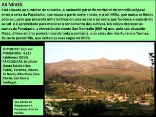 San Cibrán de
Ribarteme e A
Paradanta á luz da
tardiña.
SUPERFICIE: 65,5 km2
POBOACIÓN: 4.121
habitantes (2014)
PARROQUIAS: Batalláns
(Santa Eulalia e San
Pedro), Cerdeira, Liñares,
As Neves, Ribarteme (San
Cibrán, San Xosé e
Santiago).
AS NEVES
Está situado ao surdeste da comarca. A meirande parte do territorio do concello atópase
entre a serra da Paradanta, que ocupa a parte norte e leste, e o río Miño, que marca os lindes
polo sur, polo que presenta unha inclinación cara ao sur e ao oeste que favorece a exposición
ao sol e é aproveitada para mellorar o rendemento dos cultivos. No relevo destacan os
cumes da Paradanta, a elevación do monte San Nomedio (689 m) que, pola súa situación
illada, ofrece amplas panorámicas de toda a contorna; e os vales dos ríos Xuliana e Termes,
de curto percorrido, que verten as súas augas no Miño.
 
