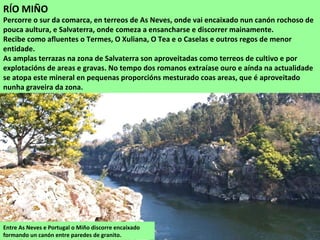 Entre As Neves e Portugal o Miño discorre encaixado
formando un canón entre paredes de granito.
RÍO MIÑO
Percorre o sur da comarca, en terreos de As Neves, onde vai encaixado nun canón rochoso de
pouca aultura, e Salvaterra, onde comeza a ensancharse e discorrer mainamente.
Recibe como afluentes o Termes, O Xuliana, O Tea e o Caselas e outros regos de menor
entidade.
As amplas terrazas na zona de Salvaterra son aproveitadas como terreos de cultivo e por
explotacións de areas e gravas. No tempo dos romanos extraíase ouro e aínda na actualidade
se atopa este mineral en pequenas proporcións mesturado coas areas, que é aproveitado
nunha graveira da zona.
 