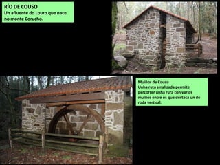 Muíños de Couso
Unha ruta sinalizada permite
percorrer unha rura con varios
muíños entre os que destaca un de
roda vertical.
RÍO DE COUSO
Un afluente do Louro que nace
no monte Corucho.
 