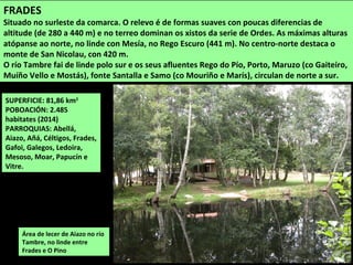 SUPERFICIE: 81,86 km2
POBOACIÓN: 2.485
habitates (2014)
PARROQUIAS: Abellá,
Aiazo, Añá, Céltigos, Frades,
Gafoi, Galegos, Ledoira,
Mesoso, Moar, Papucín e
Vitre.
Área de lecer de Aiazo no río
Tambre, no linde entre
Frades e O Pino
FRADES
Situado no surleste da comarca. O relevo é de formas suaves con poucas diferencias de
altitude (de 280 a 440 m) e no terreo dominan os xistos da serie de Ordes. As máximas alturas
atópanse ao norte, no linde con Mesía, no Rego Escuro (441 m). No centro-norte destaca o
monte de San Nicolau, con 420 m.
O río Tambre fai de linde polo sur e os seus afluentes Rego do Pío, Porto, Maruzo (co Gaiteiro,
Muíño Vello e Mostás), fonte Santalla e Samo (co Mouriño e Marís), circulan de norte a sur.
 