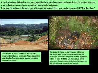 Fonte da Xesteira ou da Veiga en Albixoi, a
carón do rego da Fervenza, afluente do río
Gaiteiro. Funcionou como un rústico balneario
ata a década de 1960. Un muíño que había
preto servía como casa de Baños. As augas son
bicarbonatadas, fluoradas e sódicas.
As principais actividades son a agrogandaría (especialmente vacún de leite), o sector forestal
e as industrias cerámicas. A capital municipal é A Igrexa.
Os espazos naturais de interese atópanse na marxe dos ríos, protexidos no LIC “Río Tambre”.
Explotación de arxila en Mesía, base dunha
importante industria cerámica. Nas excavacións
abandoadas fórmanse pozas que co tempo se
van naturalizando.
 