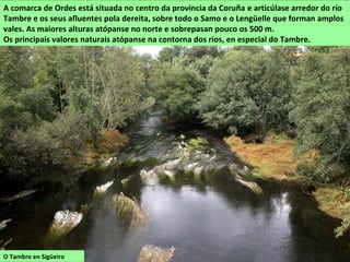 O Tambre en Sigüeiro
A comarca de Ordes está situada no centro da provincia da Coruña e articúlase arredor do río
Tambre e os seus afluentes pola dereita, sobre todo o Samo e o Lengüelle que forman amplos
vales. As maiores alturas atópanse no norte e sobrepasan pouco os 500 m.
Os principais valores naturais atópanse na contorna dos ríos, en especial do Tambre.
 