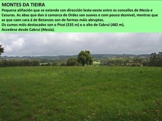 MONTES DA TIEIRA
Pequena aliñación que se extende con dirección leste-oeste entre os concellos de Mesía e
Cesuras. As abas que dan á comarca de Ordes son suaves e com pouco desnivel, mentras que
as que caen cara á de Betanzos son de formas máis abruptas.
Os cumes máis destacados son o Picoi (535 m) e o alto de Cabrui (482 m).
Accedese desde Cabrui (Mesía).
 