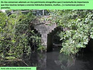Ponte vella no Samo, en Arderís (Oroso)
Os ríos conservan ademais un rico patrimonio etnográfico que é testemuña da importancia
que tivo noutros tempos a enerxía hidráulica (batáns, muíños...) e numerosas pontes e
pontellas.
 