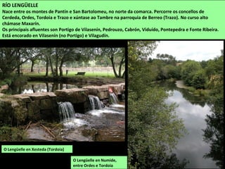 O Lengüelle en Xesteda (Tordoia)
RÍO LENGÜELLE
Nace entre os montes de Pantín e San Bartolomeu, no norte da comarca. Percorre os concellos de
Cerdeda, Ordes, Tordoia e Trazo e xúntase ao Tambre na parroquia de Berreo (Trazo). No curso alto
chámase Maxarín.
Os principais afluentes son Portigo de Vilasenín, Pedrouzo, Cabrón, Viduído, Pontepedra e Fonte Ribeira.
Está encorado en Vilasenín (no Portigo) e Vilagudín.
O Lengüelle en Numide,
entre Ordes e Tordoia
 