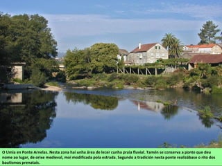 O Umia en Ponte Arnelas. Nesta zona hai unha área de lecer cunha praia fluvial. Tamén se conserva a ponte que deu
nome ao lugar, de orixe medieval, moi modificada pola estrada. Segundo a tradición nesta ponte realizábase o rito dos
bautismos prenatais.
 