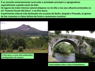 Ponte medieval sobre o Ulla en Ponteledesma
É un concello eminentemente rural onde a actividade principal é a agrogandaría,
especialmente o gando vacún de leite.
Os lugares de maior interese natural atópanse no río Ulla e nos seus afluente protexidos no
LIC “Sistema Fluvial Ulla-Deza”, e no Pico Sacro.
O patrimonio cultural máis destacado son os pazos de Quián, Sergude e Pousada, as igrexas
de San Lourenzo e a Nosa Señora da Fonte e numerosos cruceiros.
O Pico Sacro, o cume máis emblemático
de Boqueixón e da comarca
 