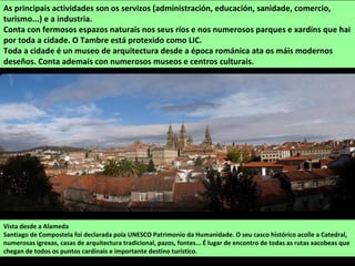 Vista desde a Alameda
Santiago de Compostela foi declarada pola UNESCO Patrimonio da Humanidade. O seu casco histórico acolle a Catedral,
numerosas igrexas, casas de arquitectura tradicional, pazos, fontes... É lugar de encontro de todas as rutas xacobeas que
chegan de todos os puntos cardinais e importante destino turístico.
As principais actividades son os servizos (administración, educación, sanidade, comercio,
turismo...) e a industria.
Conta con fermosos espazos naturais nos seus ríos e nos numerosos parques e xardíns que hai
por toda a cidade. O Tambre está protexido como LIC.
Toda a cidade é un museo de arquitectura desde a época románica ata os máis modernos
deseños. Conta ademais con numerosos museos e centros culturais.
 