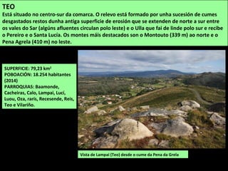 Vista de Lampai (Teo) desde o cume da Pena da Grela
SUPERFICIE: 79,23 km2
POBOACIÓN: 18.254 habitantes
(2014)
PARROQUIAS: Baamonde,
Cacheiras, Calo, Lampai, Lucí,
Luou, Oza, rarís, Recesende, Reis,
Teo e Vilariño.
TEO
Está situado no centro-sur da comarca. O relevo está formado por unha sucesión de cumes
desgastados restos dunha antiga superficie de erosión que se extenden de norte a sur entre
os vales do Sar (algúns afluentes circulan polo leste) e o Ulla que fai de linde polo sur e recibe
o Pereiro e o Santa Lucía. Os montes máis destacados son o Montouto (339 m) ao norte e o
Pena Agrela (410 m) no leste.
 