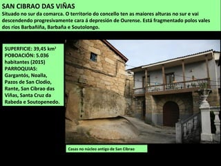 SUPERFICIE: 39,45 km2
POBOACIÓN: 5.036
habitantes (2015)
PARROQUIAS:
Gargantós, Noalla,
Pazos de San Clodio,
Rante, San Cibrao das
Viñas, Santa Cruz da
Rabeda e Soutopenedo.
Casas no núcleo antigo de San Cibrao
SAN CIBRAO DAS VIÑAS
Situado no sur da comarca. O territorio do concello ten as maiores alturas no sur e vai
descendendo progresivamente cara á depresión de Ourense. Está fragmentado polos vales
dos ríos Barbañiña, Barbaña e Soutolongo.
 
