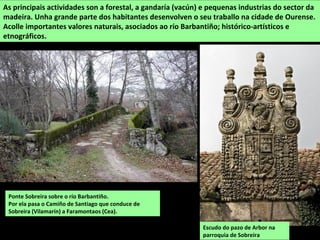 As principais actividades son a forestal, a gandaría (vacún) e pequenas industrias do sector da
madeira. Unha grande parte dos habitantes desenvolven o seu traballo na cidade de Ourense.
Acolle importantes valores naturais, asociados ao río Barbantiño; histórico-artísticos e
etnográficos.
Ponte Sobreira sobre o río Barbantiño.
Por ela pasa o Camiño de Santiago que conduce de
Sobreira (Vilamarín) a Faramontaos (Cea).
Escudo do pazo de Arbor na
parroquia de Sobreira
 