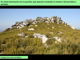 As rochas dominantes son os granitos, que aparecen coroando os montes e forman bolos e
penedos.
Penedos nos montes da Biduíza
 