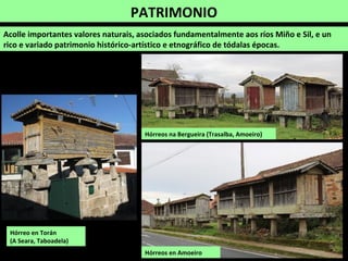 PATRIMONIO
Acolle importantes valores naturais, asociados fundamentalmente aos ríos Miño e Sil, e un
rico e variado patrimonio histórico-artístico e etnográfico de tódalas épocas.
Hórreos na Bergueira (Trasalba, Amoeiro)
Hórreos en Amoeiro
Hórreo en Torán
(A Seara, Taboadela)
 