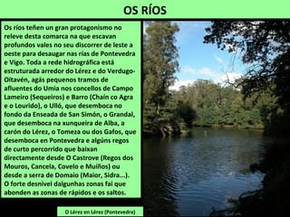 OS RÍOS
O Lérez en Lérez (Pontevedra)
Os ríos teñen un gran protagonismo no
releve desta comarca na que escavan
profundos vales no seu discorrer de leste a
oeste para desaugar nas rías de Pontevedra
e Vigo. Toda a rede hidrográfica está
estruturada arredor do Lérez e do Verdugo-
Oitavén, agás pequenos tramos de
afluentes do Umia nos concellos de Campo
Lameiro (Sequeiros) e Barro (Chaín co Agra
e o Lourido), o Ulló, que desemboca no
fondo da Enseada de San Simón, o Grandal,
que desemboca na xunqueira de Alba, a
carón do Lérez, o Tomeza ou dos Gafos, que
desemboca en Pontevedra e algúns regos
de curto percorrido que baixan
directamente desde O Castrove (Regos dos
Mouros, Cancela, Covelo e Muíños) ou
desde a serra de Domaio (Maior, Sidra...).
O forte desnivel dalgunhas zonas fai que
abonden as zonas de rápidos e os saltos.
 