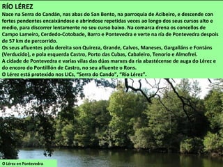 O Lérez en Pontevedra
RÍO LÉREZ
Nace na Serra do Candán, nas abas do San Bento, na parroquia de Acibeiro, e descende con
fortes pendentes encaixándose e abríndose repetidas veces ao longo dos seus cursos alto e
medio, para discorrer lentamente no seu curso baixo. Na comarca drena os concellos de
Campo Lameiro, Cerdedo-Cotobade, Barro e Pontevedra e verte na ría de Pontevedra despois
de 57 km de percorrido.
Os seus afluentes pola dereita son Quireza, Grande, Calvos, Maneses, Gargalláns e Fontáns
(Verducido), e pola esquerda Castro, Porto das Cubas, Cabaleiro, Tenorio e Almofrei.
A cidade de Pontevedra e varias vilas das dúas marxes da ría abastécense de auga do Lérez e
do encoro do Pontilllón de Castro, no seu afluente o Rons.
O Lérez está protexido nos LICs, “Serra do Cando”, “Río Lérez”.
 