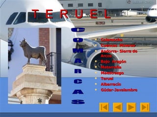 T E R U E L Calamocha Cuencas Mineras Andorra- Sierra de Arcos Bajo Aragón Matarraña Maestrazgo Teruel Albarracín Gúdar-Javalambre C O M A R C A S