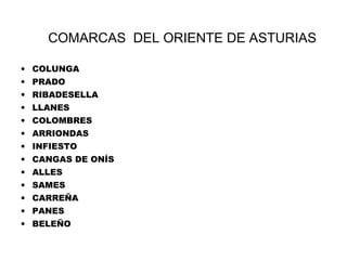 COMARCAS DEL ORIENTE DE ASTURIAS

• COLUNGA
• PRADO
• RIBADESELLA
• LLANES
• COLOMBRES
• ARRIONDAS
• INFIESTO
• CANGAS DE ONÍS
• ALLES
• SAMES
• CARREÑA
• PANES
• BELEÑO
 